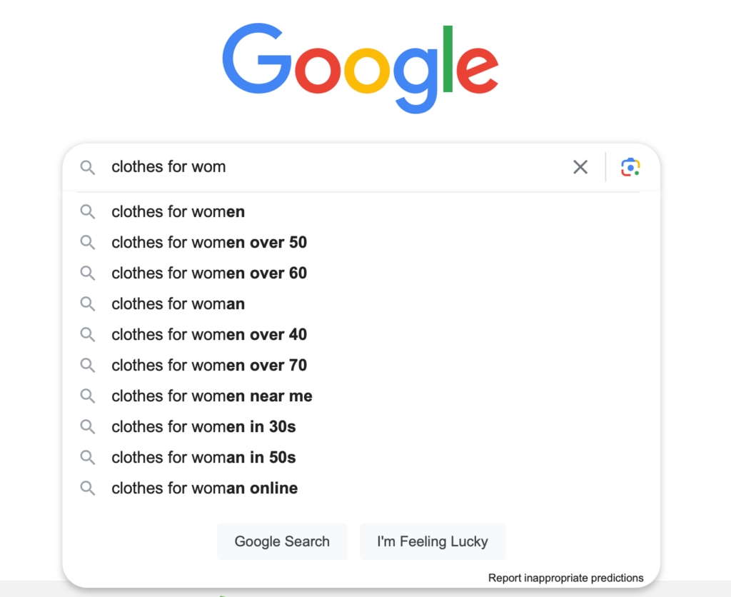 Google search suggestions dropdown for the query "clothes for women".