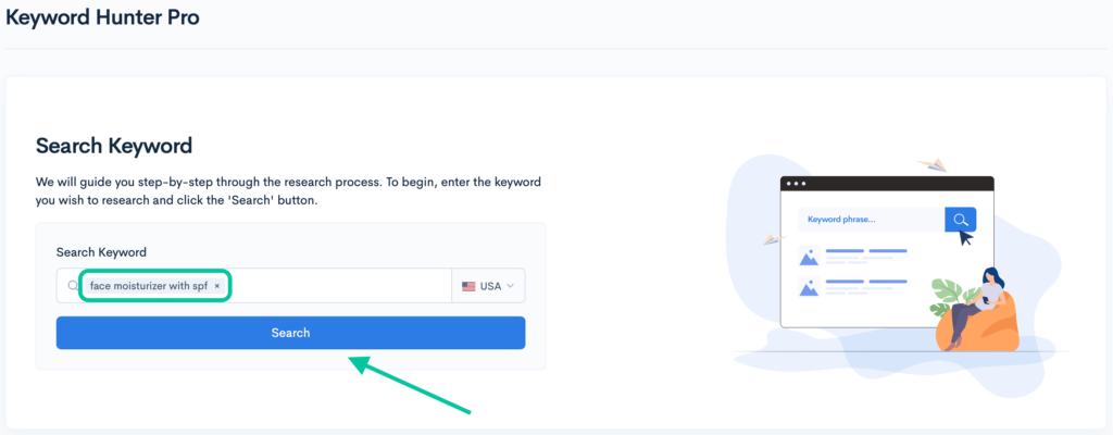 Keyword Hunter Pro search interface for "face moisturizer with spf".