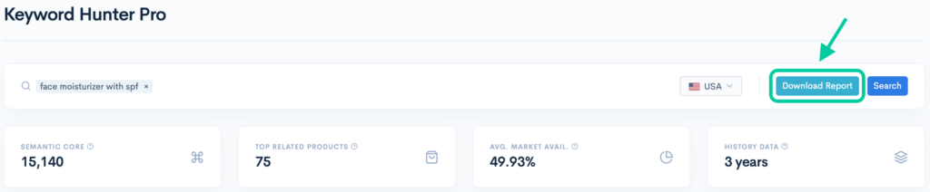 Download report button on Keyword Hunter Pro.