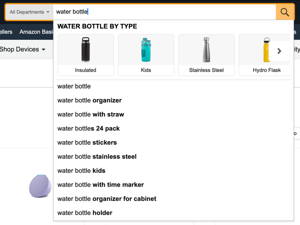 Amazon search suggestions dropdown for the query "water bottle".