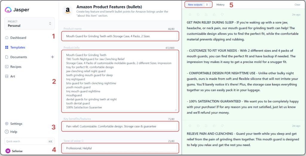 Jasper AI interface for generating Amazon product features based on set keywords.