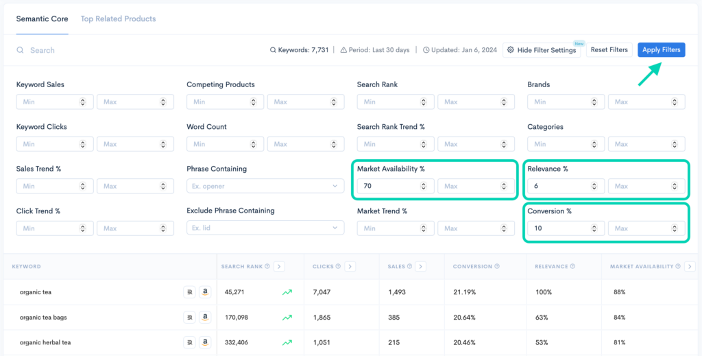 Keyword filter settings in Keyword Hunter Pro.