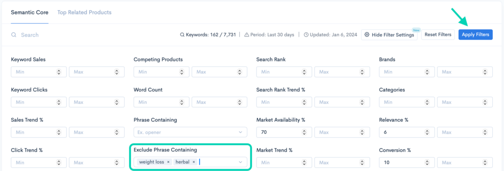 Further filtered keyword search results in Keyword Hunter Pro.