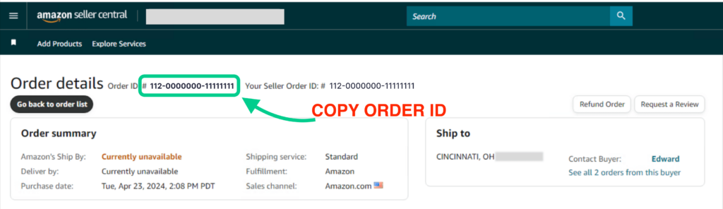 Amazon Seller Central order details page showing Order ID with copy instruction.