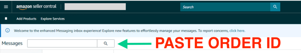 Amazon Seller Central message center with a search bar highlighting where to paste the order ID.
