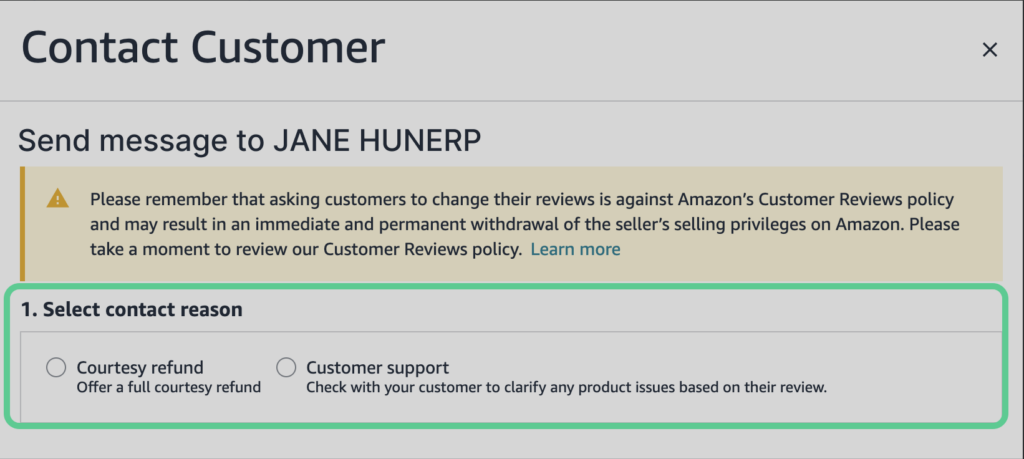 Contact Customer interface in Amazon Seller Central for handling reviews - 2.