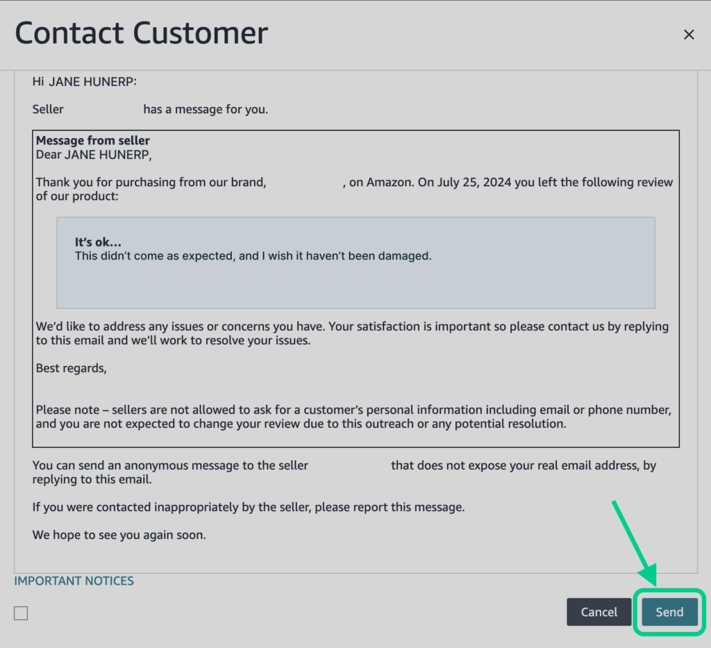 Seller contacting a customer through Amazon Seller Central.