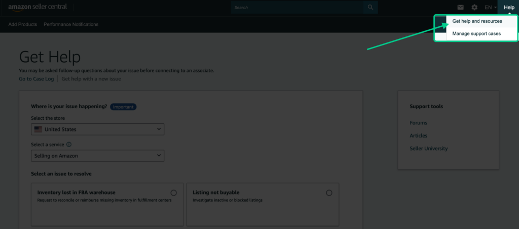 Get Help section in Amazon Seller Central showing support options.