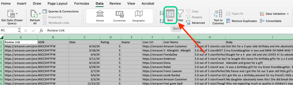 Excel spreadsheet with Amazon review data and sorting option selected.