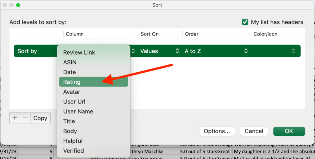 Sorting reviews by rating option in Excel.