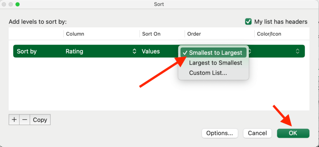 Excel sort options for Amazon reviews by rating, smallest to largest.