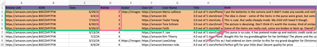 Excel sheet with highlighted Amazon reviews potentially violating terms of service.