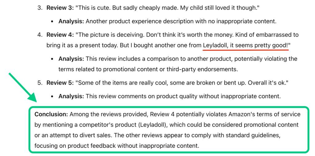 Identification of a review that violates an Amazon policy with the help of ChetGPT.