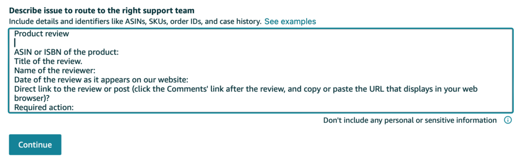 Showcase of the details a seller needs to include when reporting a negative review to Amazon.