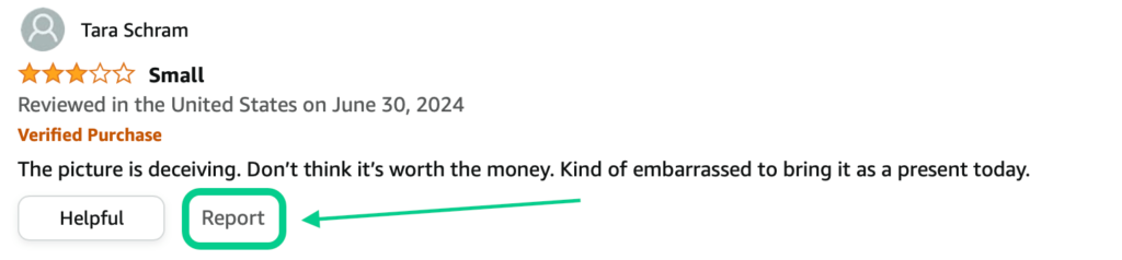 Amazon review section with the option to report a review highlighted.