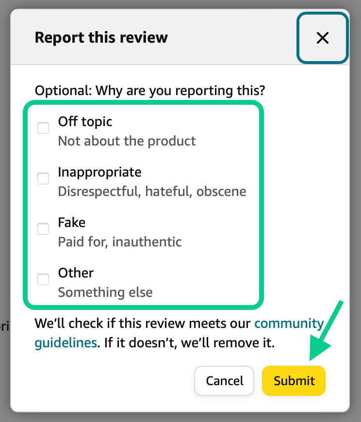 Close-up of the report button on Amazon review page.