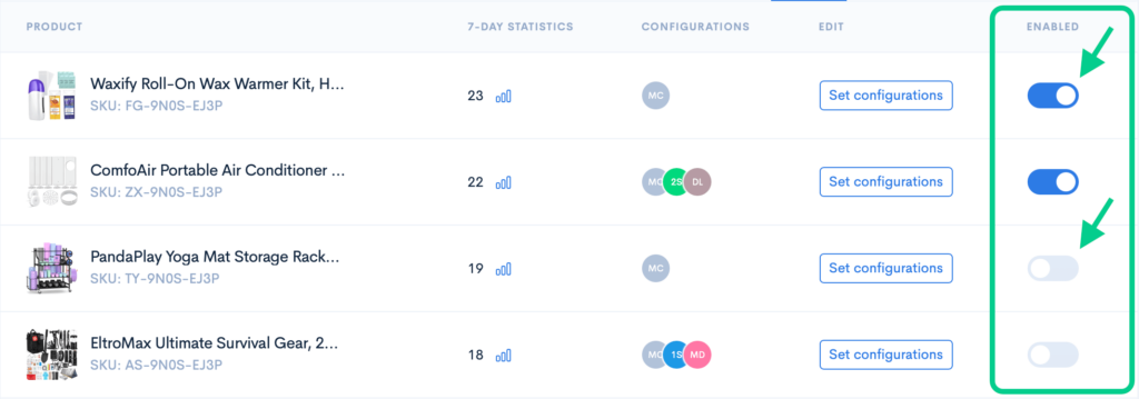 Dashboard interface for managing product reviews and settings, showing different products with toggles for enabling features.