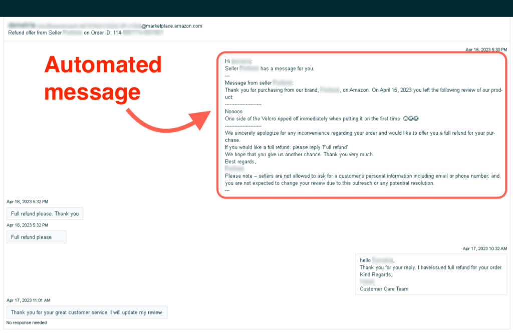 Email correspondence showing automated responses to a customer's negative review with an offer for a full refund.