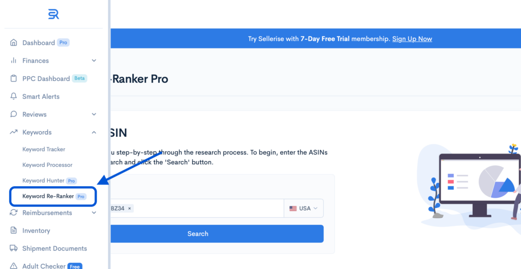 Sellerise tool sidebar menu with Keyword Re-Ranker Pro option highlighted among other options.