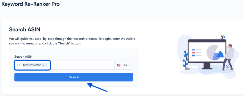 Keyword Re-Ranker Pro interface showing search for ASIN and option to do ASIN research.