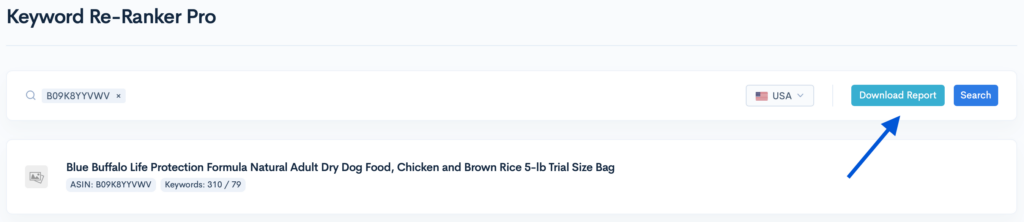 Keyword Re-Ranker Pro highlight to download a report for ASIN.
