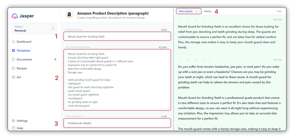 Jasper AI interface for creating an Amazon product description for a mouth guard, showing fields for product name, key benefits/features, and tone of voice, with a draft description.