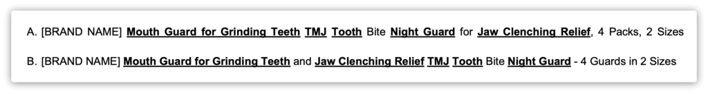 Amazon product title examples for mouth guards, focusing on grinding teeth and jaw clenching relief.