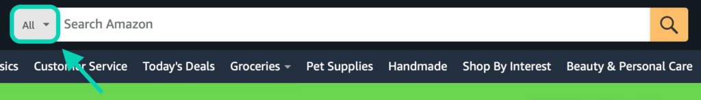 Amazon search bar with "All" category selected, illustrating the default search setting.