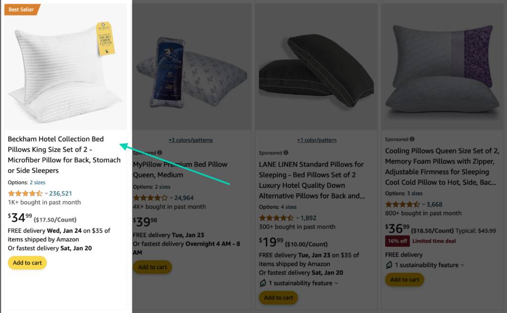 Amazon search results for bed pillows, highlighting a product appearing in Amazon search results.