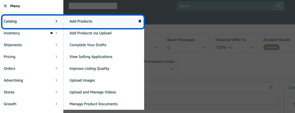 Amazon Seller Central menu highlighting the 'Catalog' section and the 'Add Products' option.