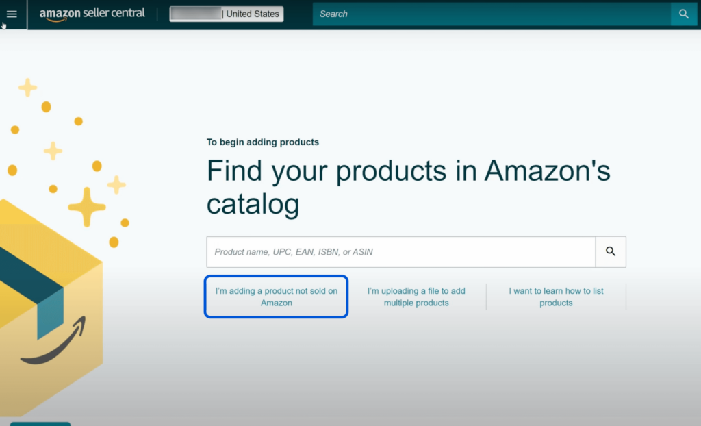 Amazon Seller Central interface prompting users to find their products in Amazon's catalog with options for adding new products.