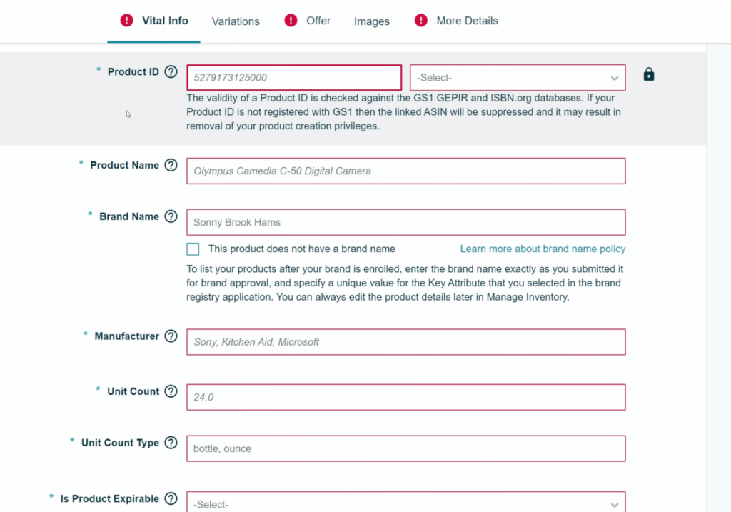 Amazon Seller Central product information entry form with fields for product ID, name, brand name, manufacturer, unit count, and more.