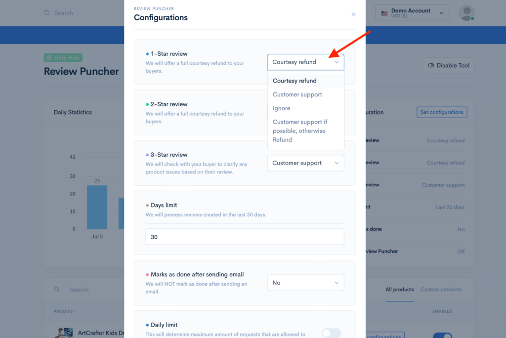 Configuration settings for the Review Puncher tool with options for handling 1-star, 2-star, and 3-star reviews, including courtesy refunds and customer support.