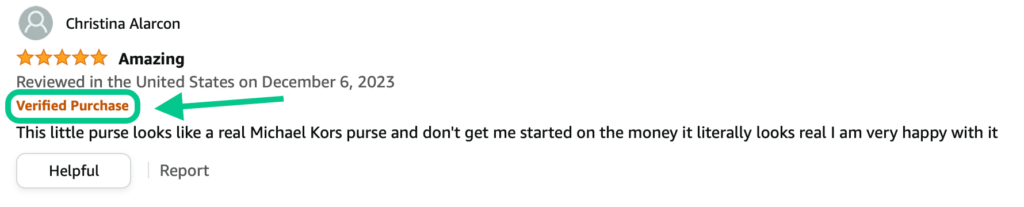 Amazon review by a buyer labeled as a verified purchase for a purse, rated five stars.