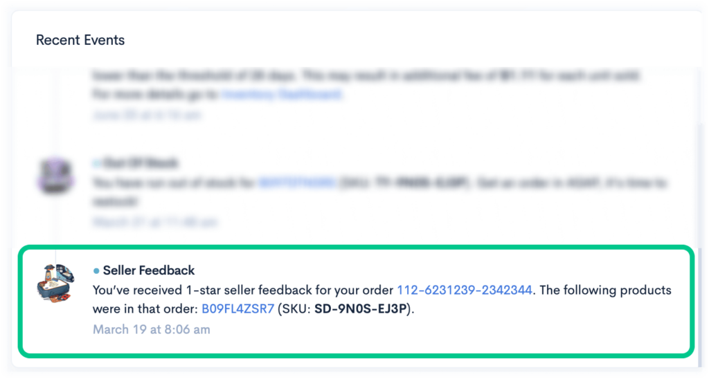 Dashboard notification showing recent seller feedback for an Amazon order.