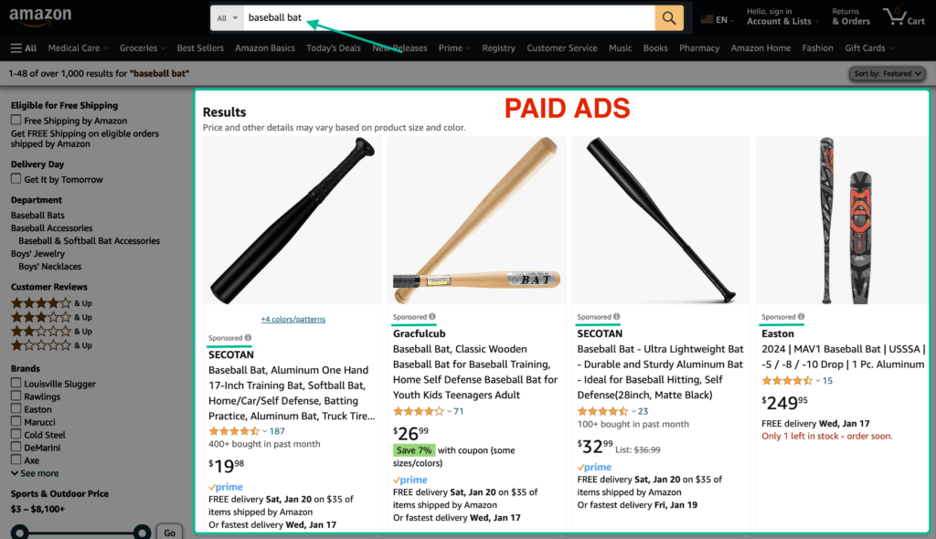 Amazon search results page for "baseball bat" showing sponsored products.