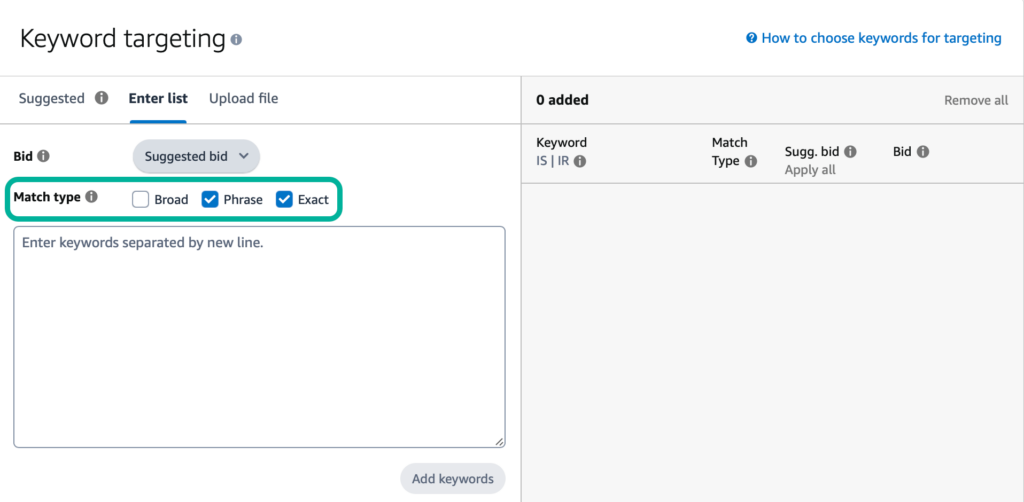 Negative keyword targeting section in Amazon advertising dashboard with match type selection for negative exact and negative phrase.