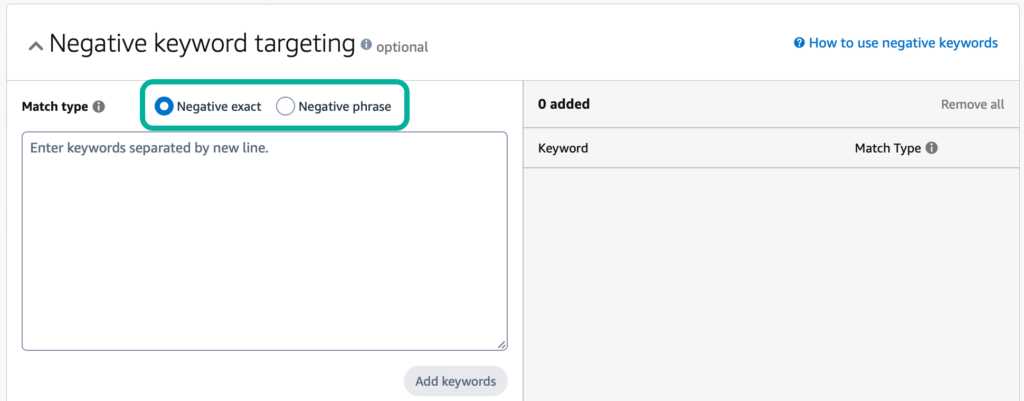 Keyword targeting options in Amazon advertising dashboard, showing match type selection including broad, phrase, and exact match types.