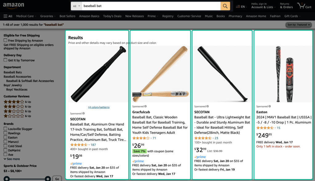 Amazon search results highlighting sponsored products for a keyword.