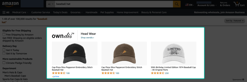 Amazon search results page for "baseball hat" showing featured brand.