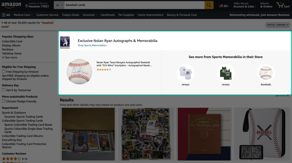 Amazon search results page for "baseball cards" showing featured store spotlight.