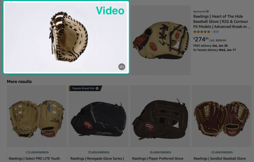 Amazon search results page for baseball gloves with a video ad.