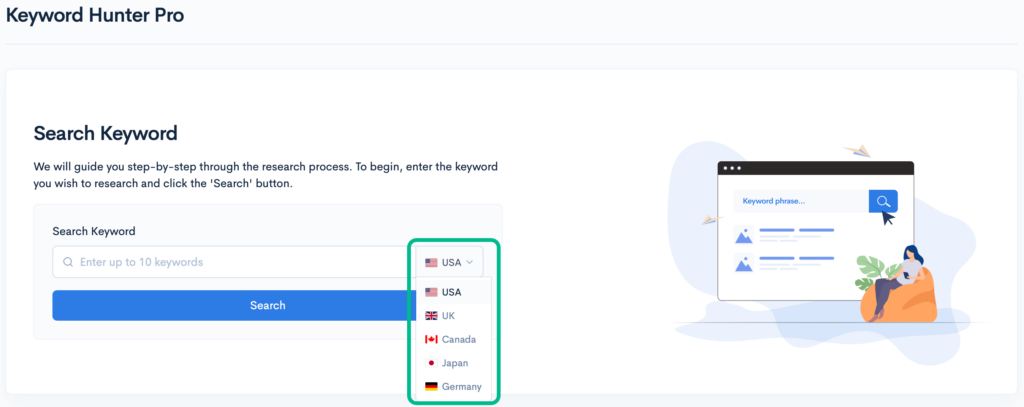 Keyword Hunter Pro search keyword interface showing a field to enter up to 10 keywords and a dropdown menu to select the marketplace.