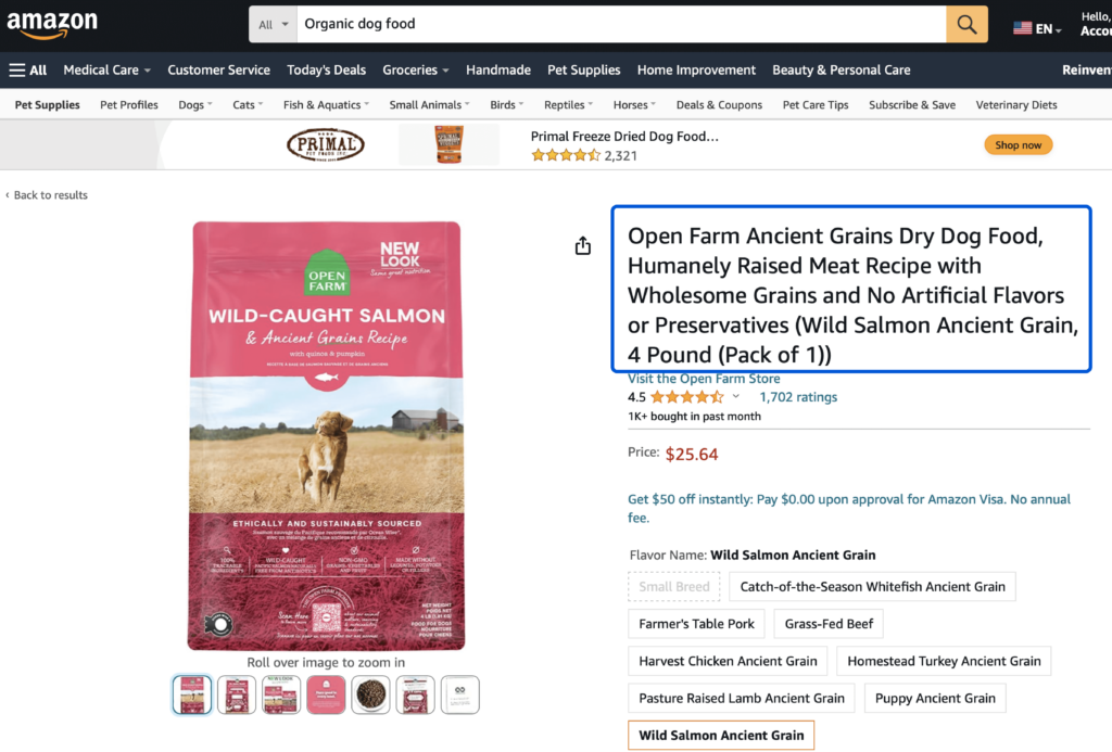 A product page on Amazon with product title and image highlighted.