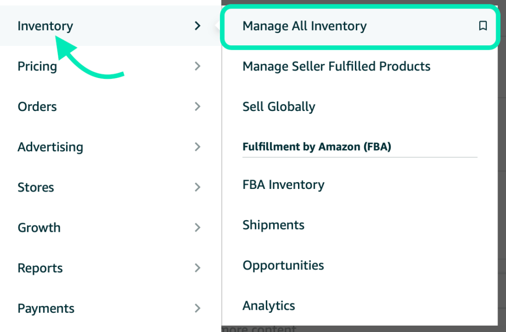 Screenshot of the Amazon Seller Central dashboard, highlighting the "Manage All Inventory" option under the Inventory menu.