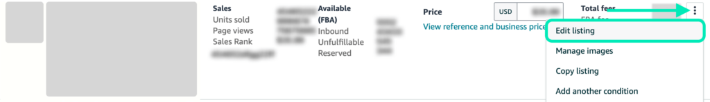 Screenshot of the Amazon Seller Central interface, focusing on the "Edit Listing" option in the inventory management section.