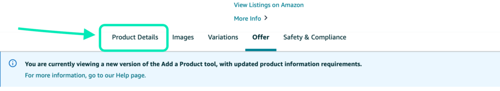 Screenshot of the Amazon Seller Central interface showing the "Product Details" tab in the product listing editor.