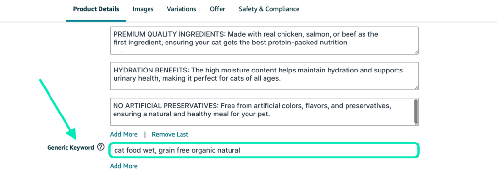 Screenshot of the Amazon Seller Central interface showing the input field for generic keywords in the product details section.