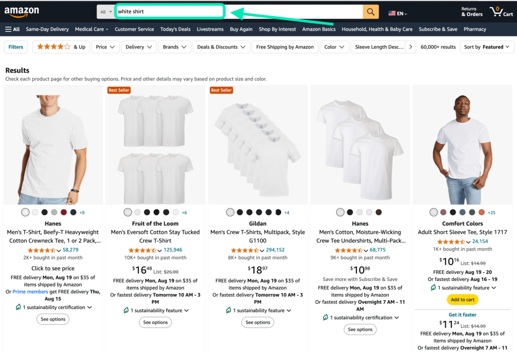 Amazon search results for "white shirt" displaying various brands of white t-shirts for men.