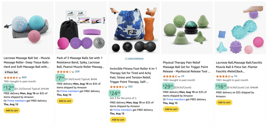 Screenshot of Amazon search results displaying various pricing ranges for similar products